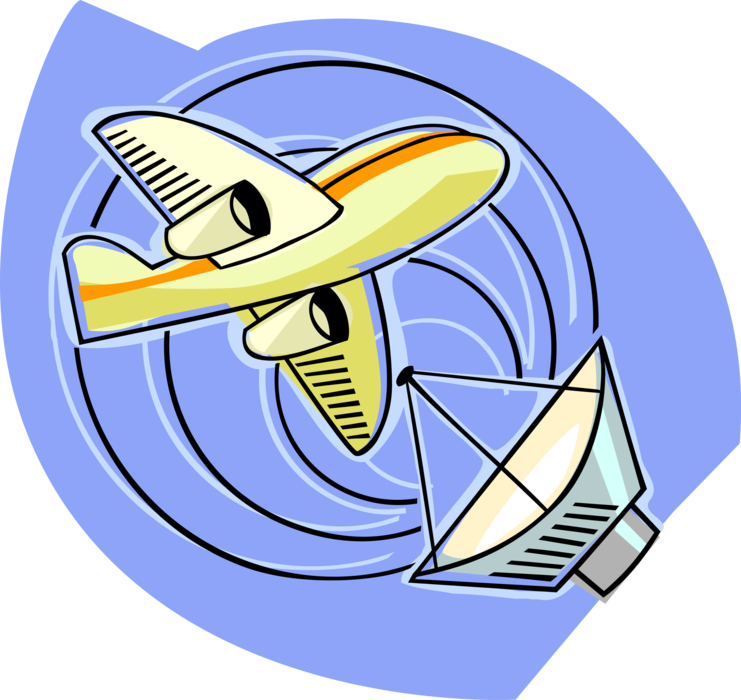 Vector Illustration of Satellite Dish Parabolic Antenna Transmits Electromagnetic Signals to Commercial Jet Aircraft