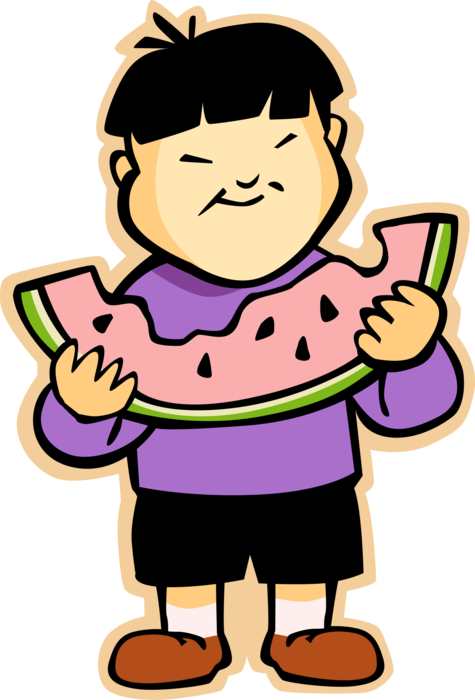 Vector Illustration of Primary or Elementary School Student Asian Boy Eating Watermelon