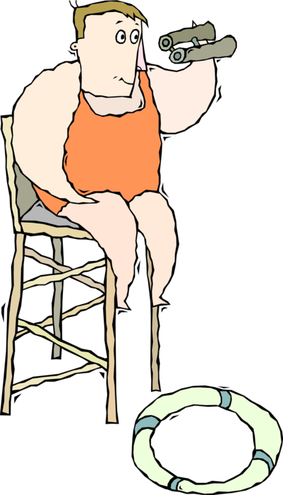 Vector Illustration of Lifeguard Keeping Watch on Beach Swimmers with Binoculars and Life Preserver