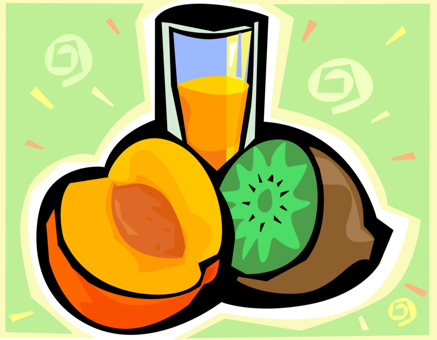 Vector Illustration of Kiwi and Peach Fruits with Glass of Juice