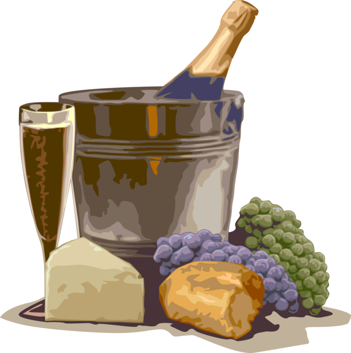 Vector Illustration of Champagne with Bread, Cheese and Wine Grapes with Chilled Bottle in Ice Bucket