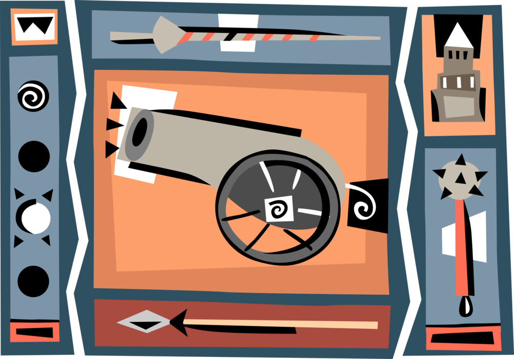 Vector Illustration of Cannon Artillery Weapon with Cannon Balls