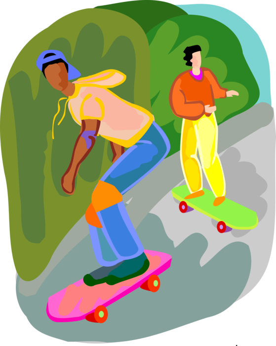Vector Illustration of Skateboarders Skateboarding on City Street with Skateboards
