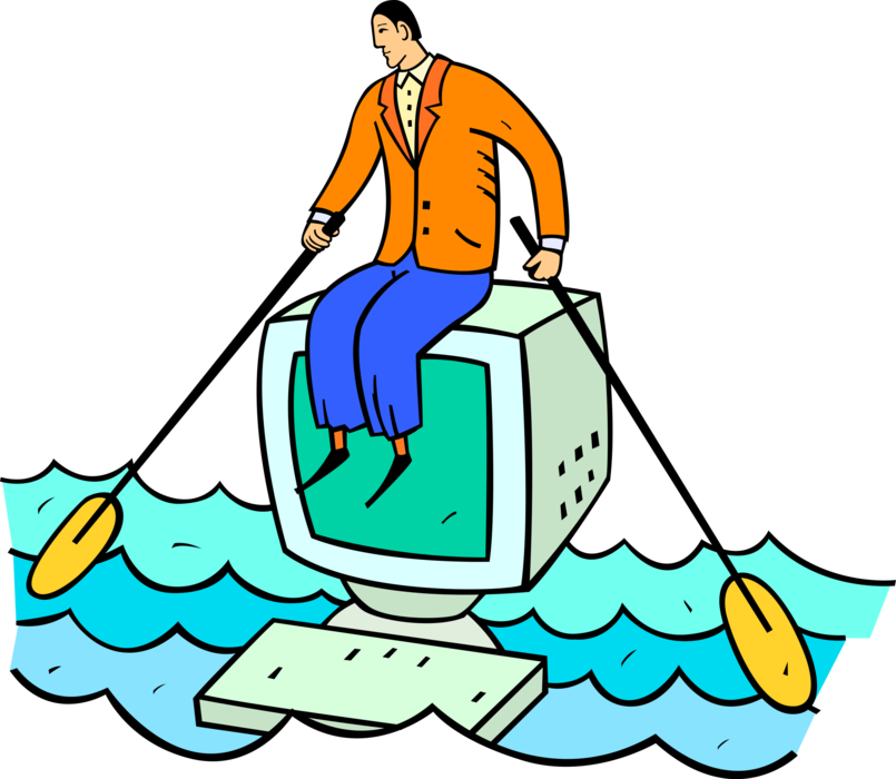 Vector Illustration of Businessman Rowing Computer Rowboat with Oars