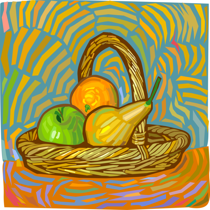 Vector Illustration of Wicker Basket of Fruit with Apple, Orange and Pear