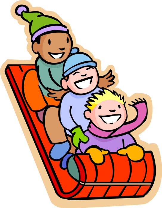 Vector Illustration of Primary or Elementary School Student Children Tobogganing Down Hill in Winter