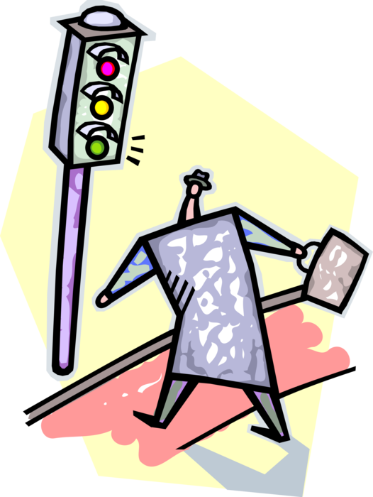 Vector Illustration of Businessman Crosses Street at Stop Light Traffic Control Signalling Device