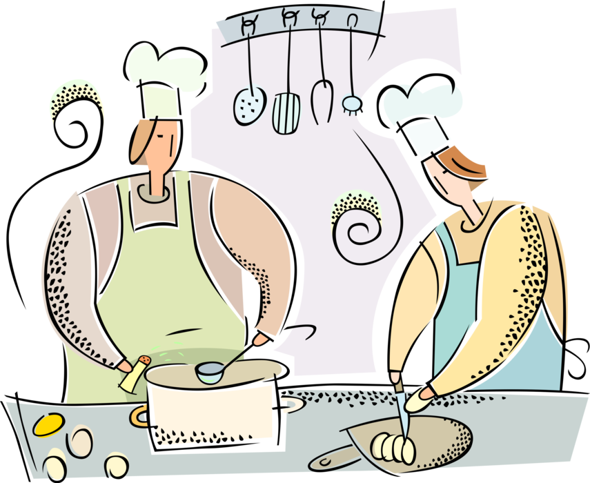 Vector Illustration of Restaurant Chef and Sous-Chef de Cuisine Prepare Food Meals in Kitchen