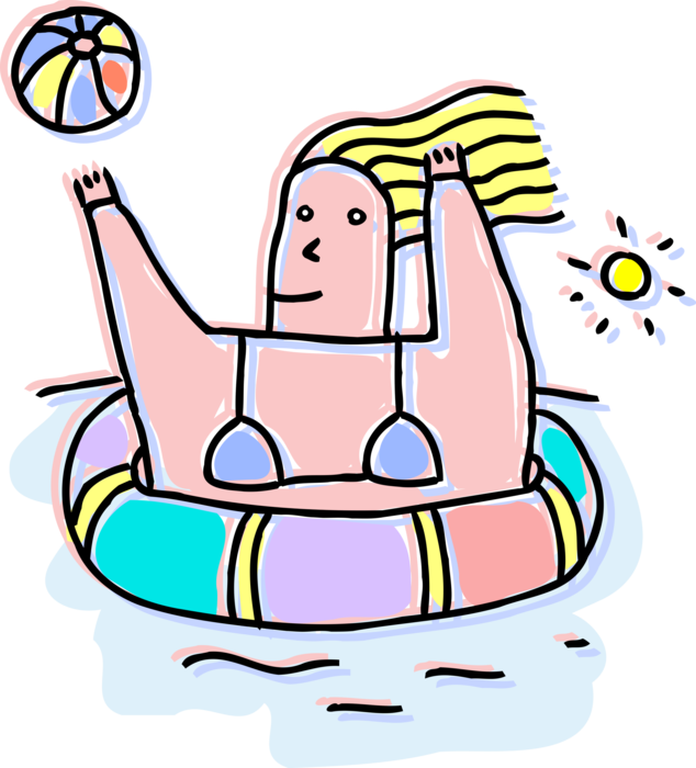 Vector Illustration of Girl Playing in the Water with Inflatable Beach Ball and Flotation Ring