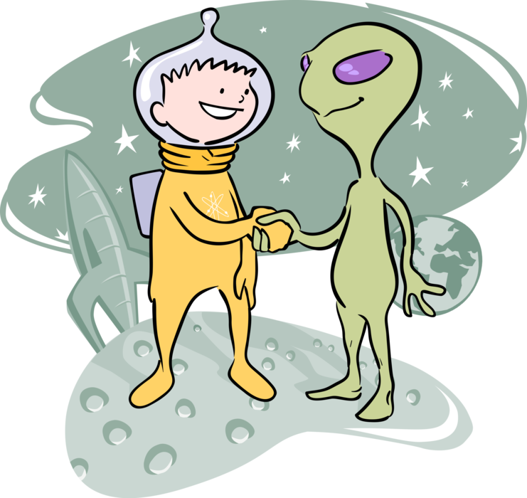 Vector Illustration of Extraterrestrial Space Alien Shaking Hands in Greeting with Astronaut with Rocketship and Planet Earth