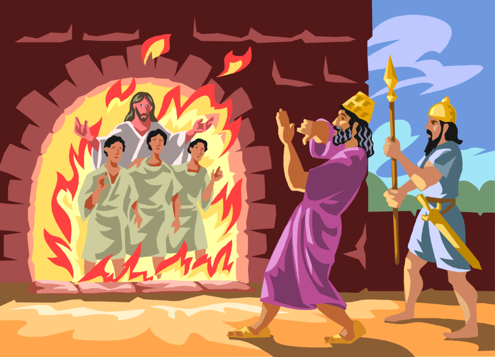 Vector Illustration of Shadrach, Meshach, and Abednego Thrown in Fiery Furnace by Nebuchadnezzar Biblical Story