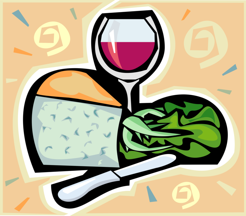 Vector Illustration of Glass of Red Wine with Salad Greens and Blue Cheese