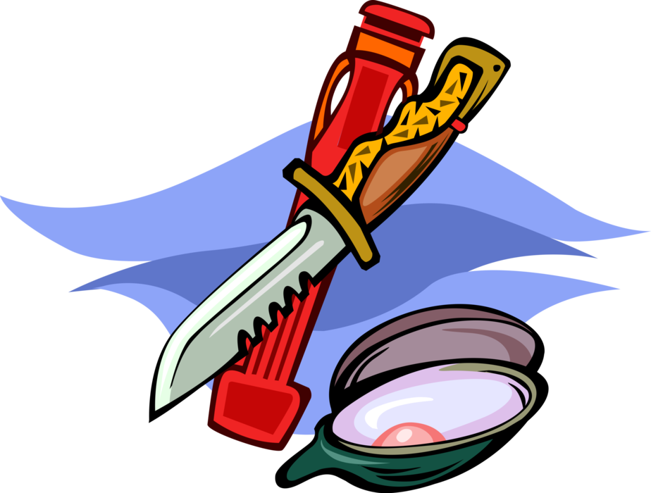 Vector Illustration of Oyster Clamshell with Shucking Knife Tool
