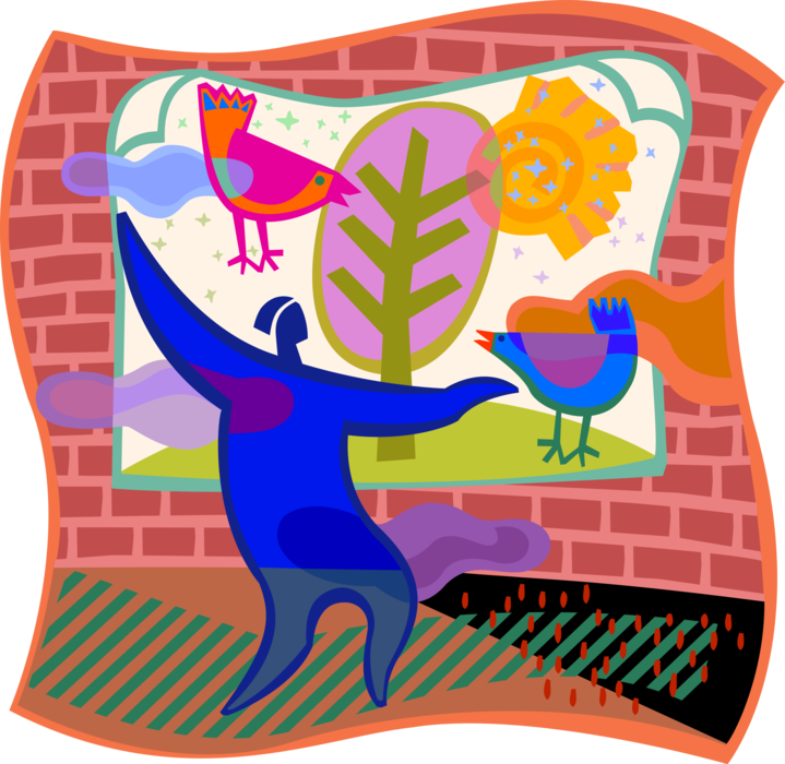 Vector Illustration of Posting Colorful Poster on Brick Masonry Wall