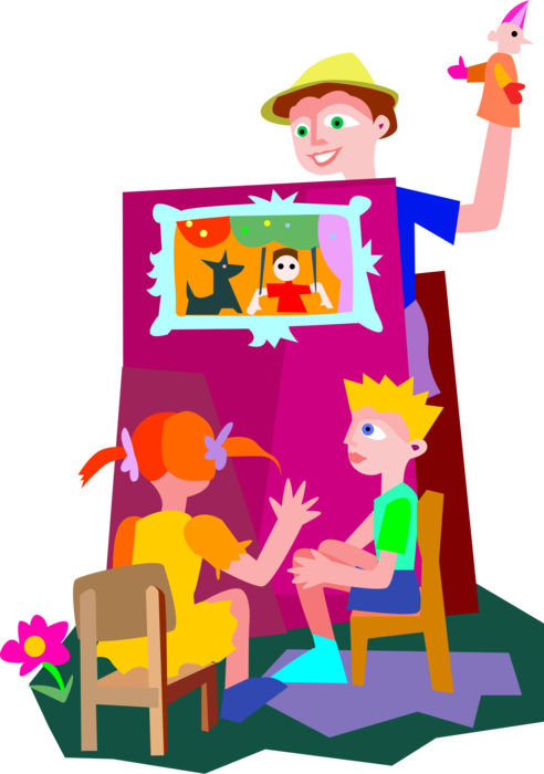 Vector Illustration of Puppeteer Performs Puppet Show for Children
