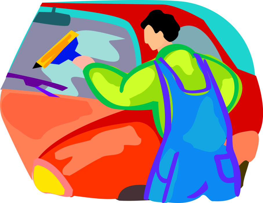 Vector Illustration of Window Washer Washing Automobile Motor Vehicle Car Window