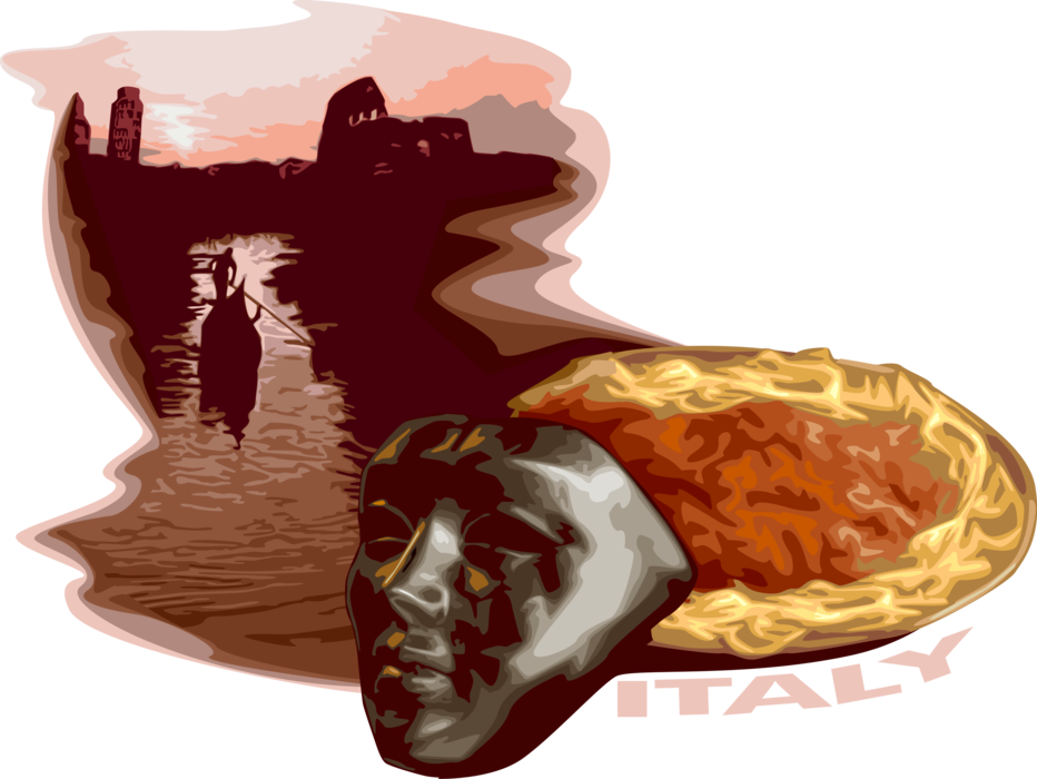 Vector Illustration of Italy with Venetian Gondola in Venice Canal, Pasta Spaghetti with Tomato Sauce