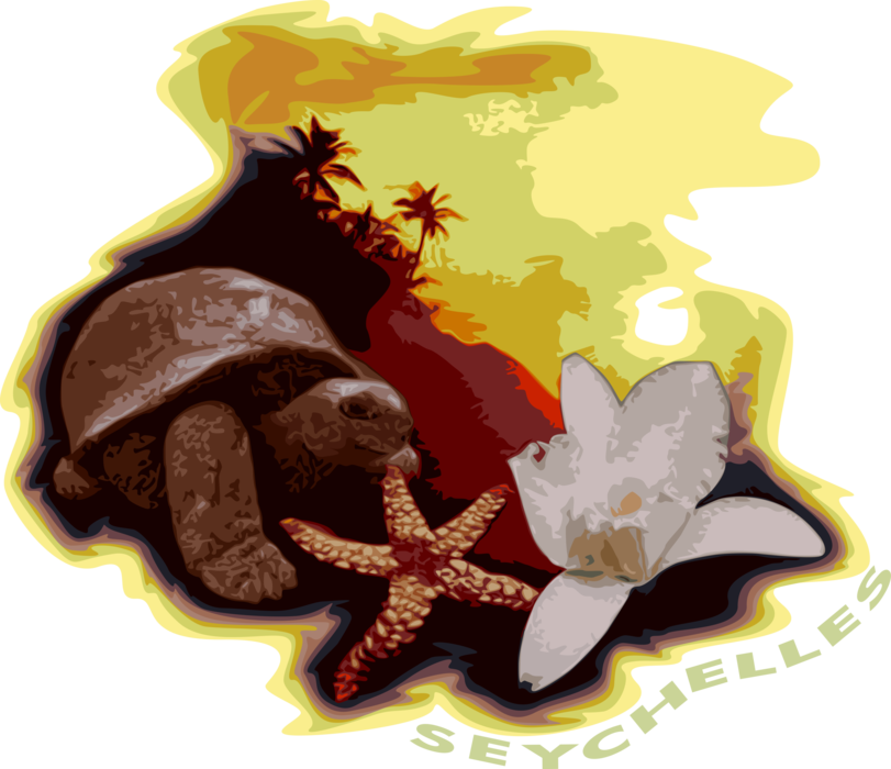 Vector Illustration of Seychelles Vanilla Orchid, Aldabra Riant Tortoise and Sea Star Starfish Star-Shaped Echinoderm