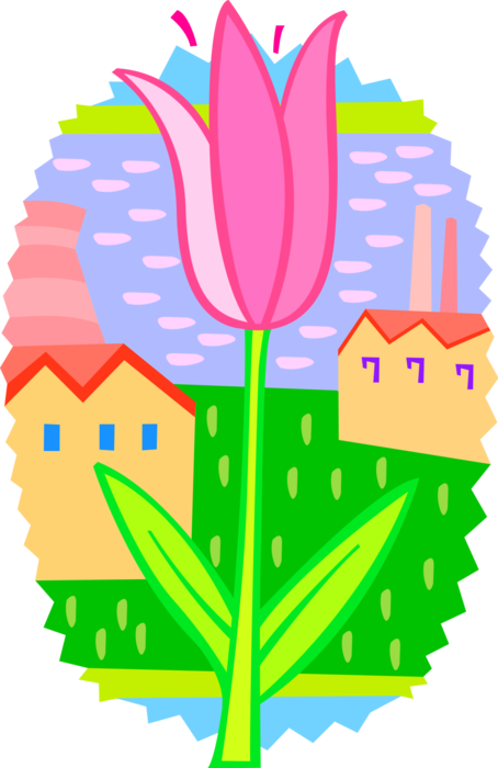 Vector Illustration of Tulip Bulbous Plant Flower Growing with Manufacturing Factory and Nuclear Power Plant