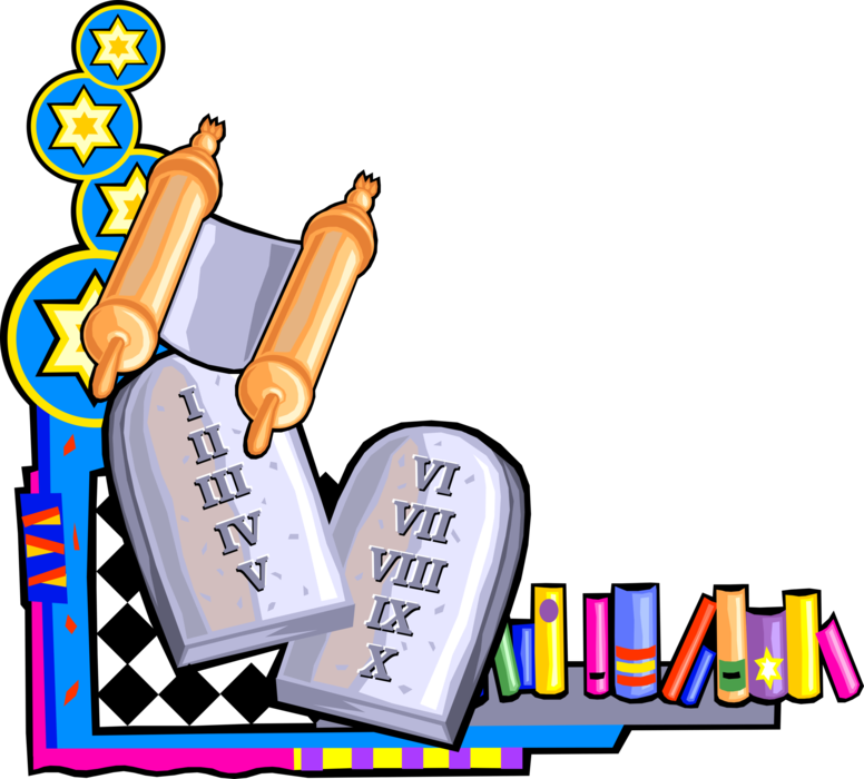 Vector Illustration of Ten Commandments with Torah Scroll Containing Writing and Star of David Shields of Jewish Identity and Judaism