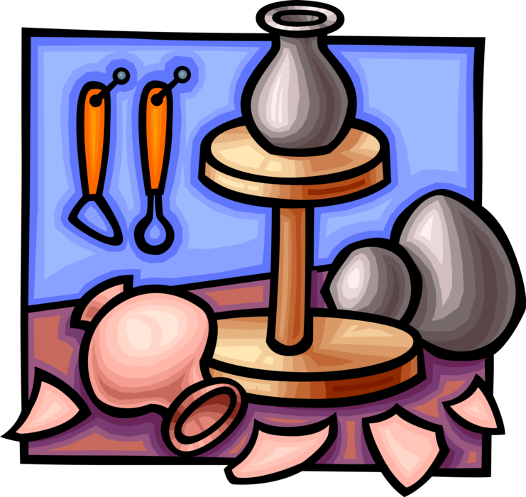 Vector Illustration of Making Clay Pottery on Potter's Wheel