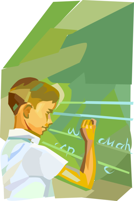 Vector Illustration of Student in School Classroom Writes on Blackboard Chalkboard