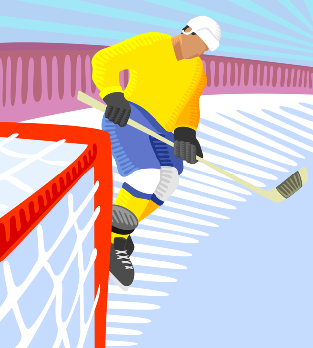 Vector Illustration of Sport of Ice Hockey Player Skating on Rink with Hockey Stick