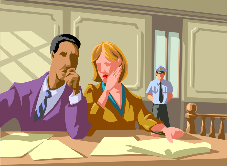 Vector Illustration of Lawyers Discuss Legal Case at Desk in Law Courtroom