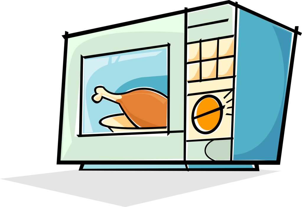 Vector Illustration of Kitchen Appliance Microwave Oven Cooks Poultry Food