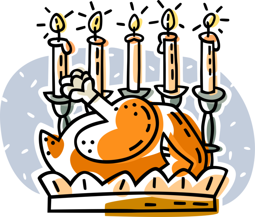 Vector Illustration of Thanksgiving Roast Turkey Dinner with Lit Candles