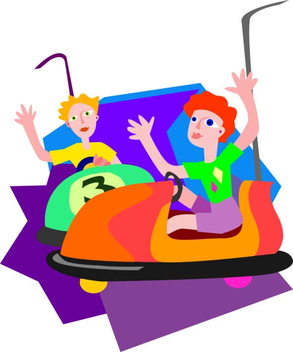 Vector Illustration of Children Ride Bumper Cars at Amusement Park or Theme Park