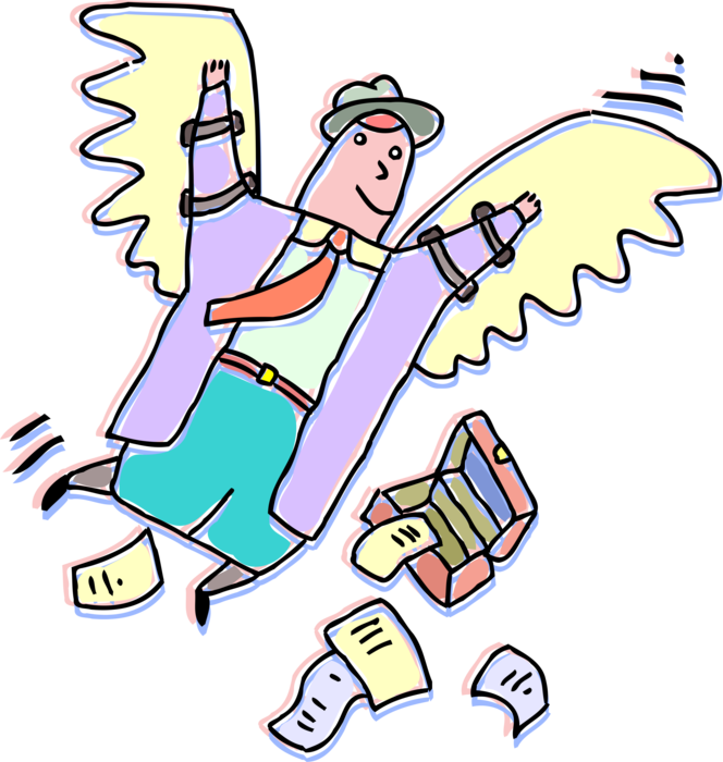 Vector Illustration of Businessman Icarus with Strap-On Wings Thinks he Can Fly