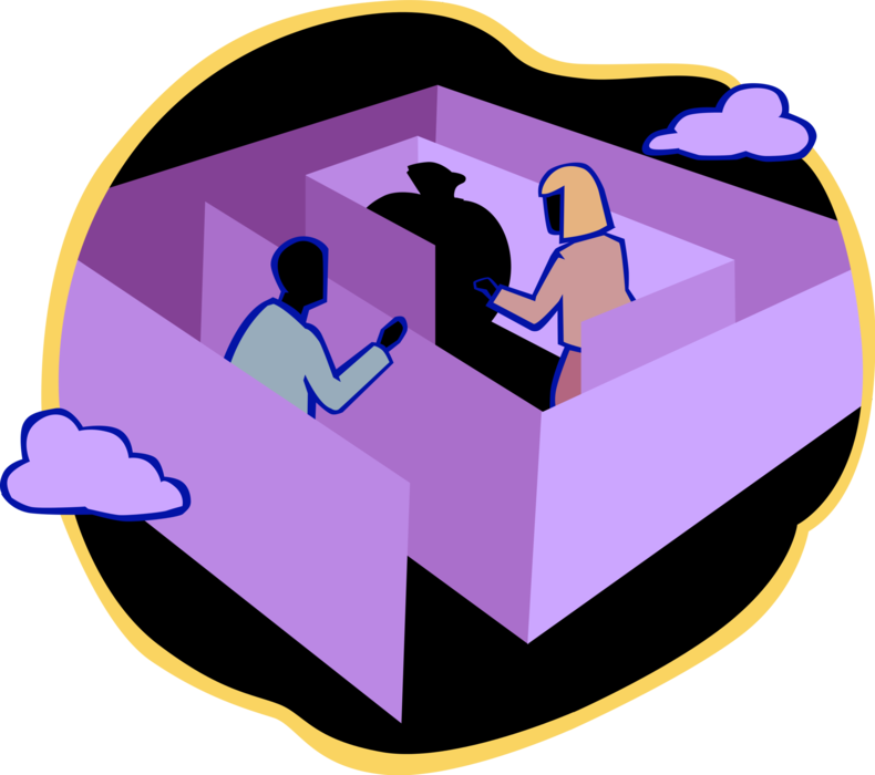 Vector Illustration of Business Colleagues Enter Maze Labyrinth with Walls and Passageways in Search of Profits
