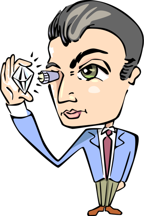 Vector Illustration of Jeweler Inspects Diamond Gemstone with Loupe Magnifying Glass