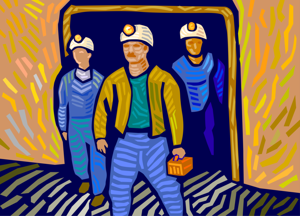 Vector Illustration of Coal Miners Emerge from Underground Mine Shaft
