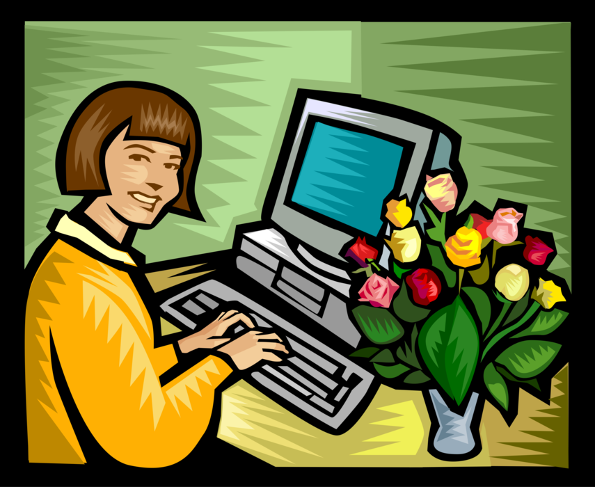 Vector Illustration of Working at Computer with Fresh Cut Rose Flowers in Vase