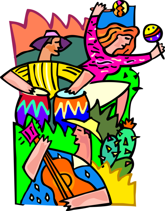 Vector Illustration of Summer Beach Party with Partygoers Playing Guitar, Bongo Drums and Maracas
