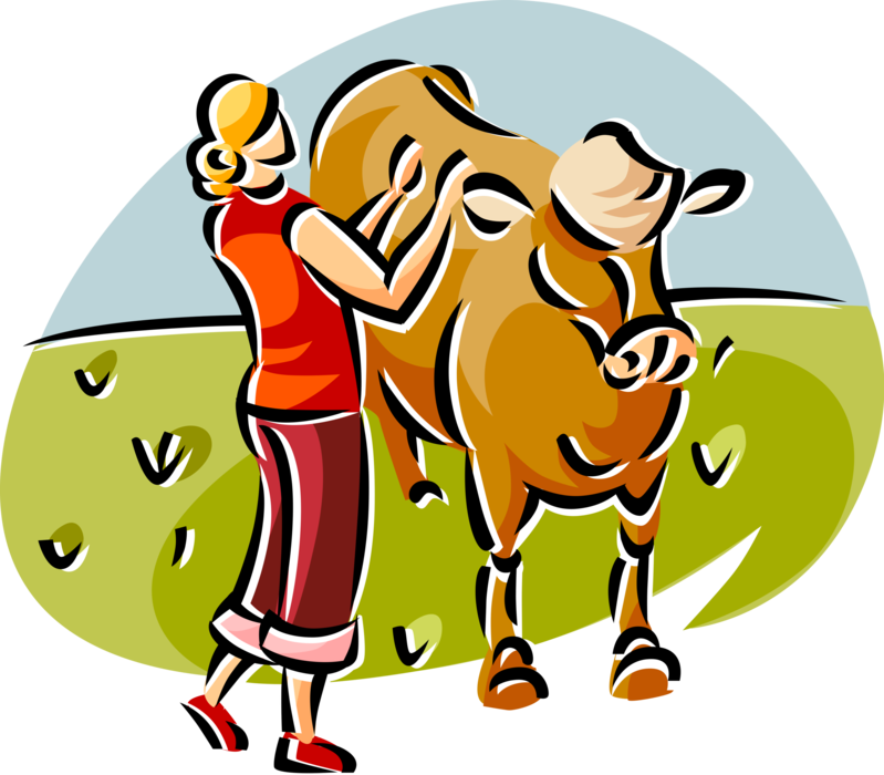 Vector Illustration of Farmer with Farm Agriculture Livestock Animal Dairy Cow in Pasture Field