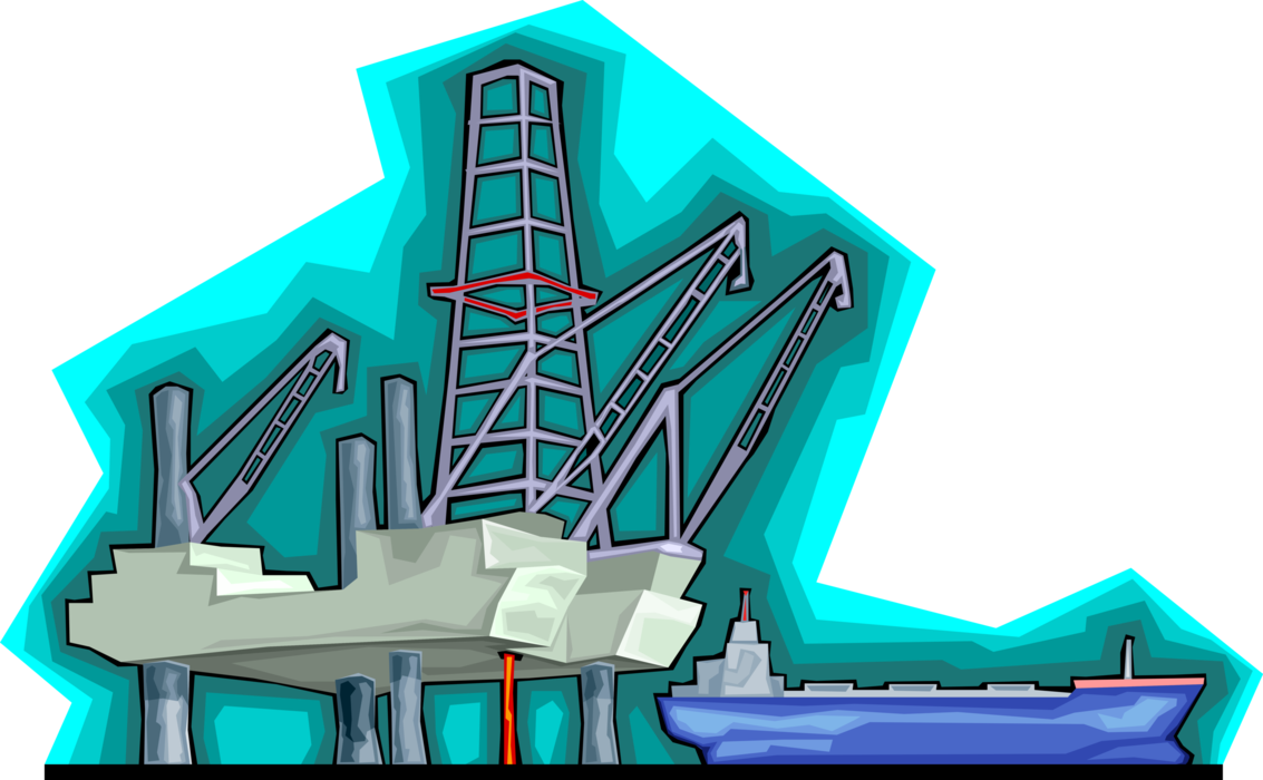 Vector Illustration of Offshore Petroleum Fossil Fuel Oil Rig Drilling Platform with Cargo Ship