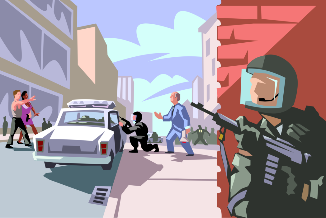 Vector Illustration of Hostage Standoff Conflict or Confrontation with Law Enforcement Police and SWAT Team
