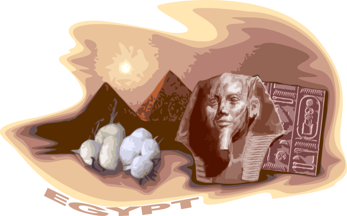 Vector Illustration of Ancient Egyptian Pyramids of Giza, Statue of Pharaoh Khafre, Hieroglyphs, Cotton
