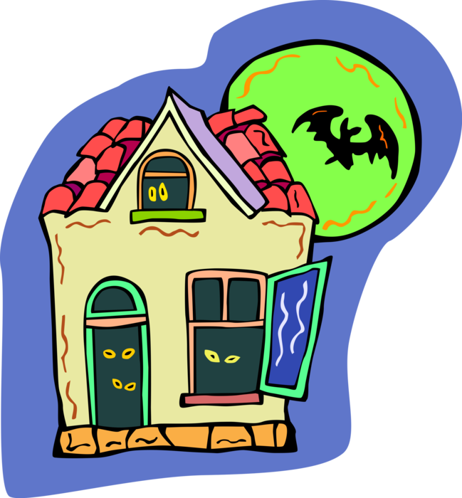 Vector Illustration of Halloween Haunted House with Bat Flying in Moonlight