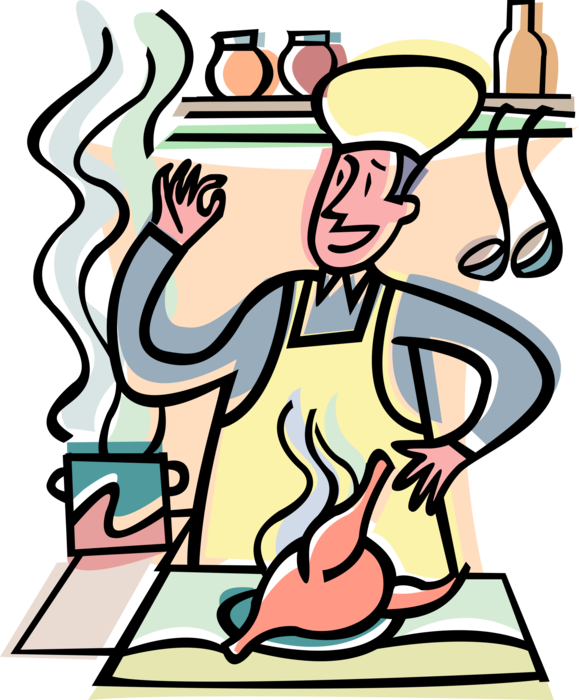 Vector Illustration of Culinary Cuisine Restaurant Chef in Kitchen Cooking Roast Poultry Chicken Says Bon Appétit