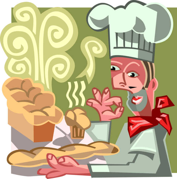Vector Illustration of Bakery Chef Baker with Fresh Baked Bread and Baking