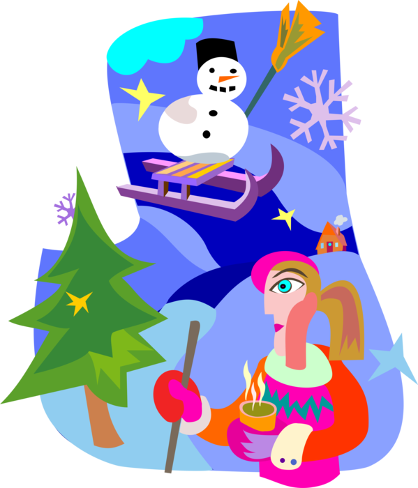 Vector Illustration of Enjoying Winter with Snowman on Sleigh and Snow Bunny Drinking Hot Chocolate