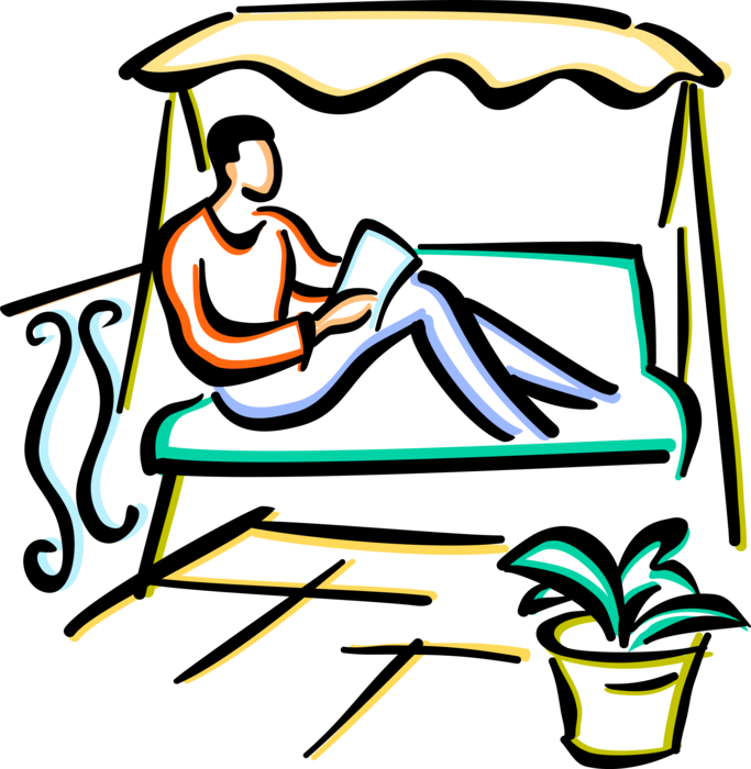 Vector Illustration of Reading Book Sitting in Patio Lounge Swing
