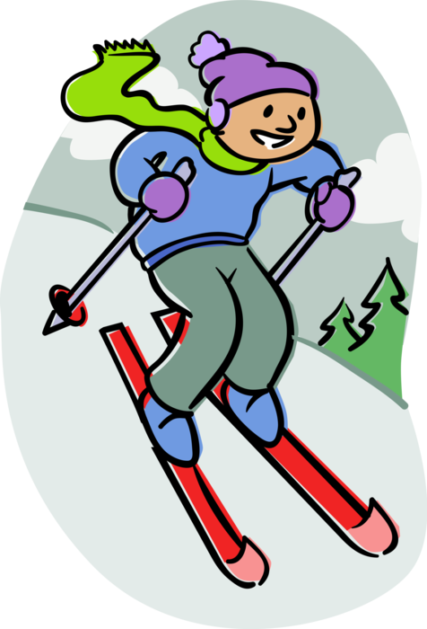 Vector Illustration of Downhill Alpine Skier with Ski Poles and Skis Skiing Down Mountain at Ski Resort