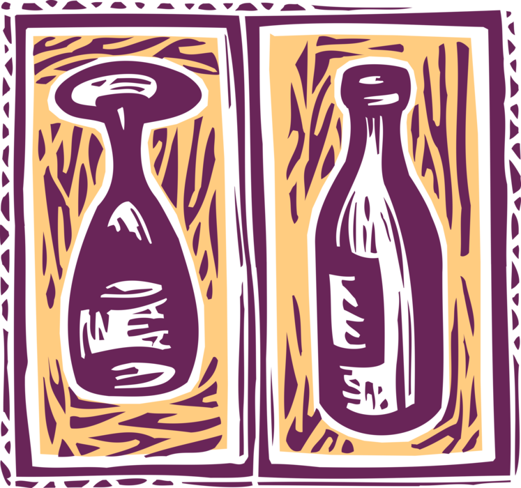 Vector Illustration of Wine Bottle Alcohol Beverage and Glass