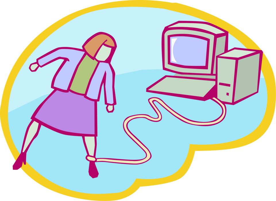 Vector Illustration of Businesswoman Chained by Leg Constraint Ball and Chain to Work Computer