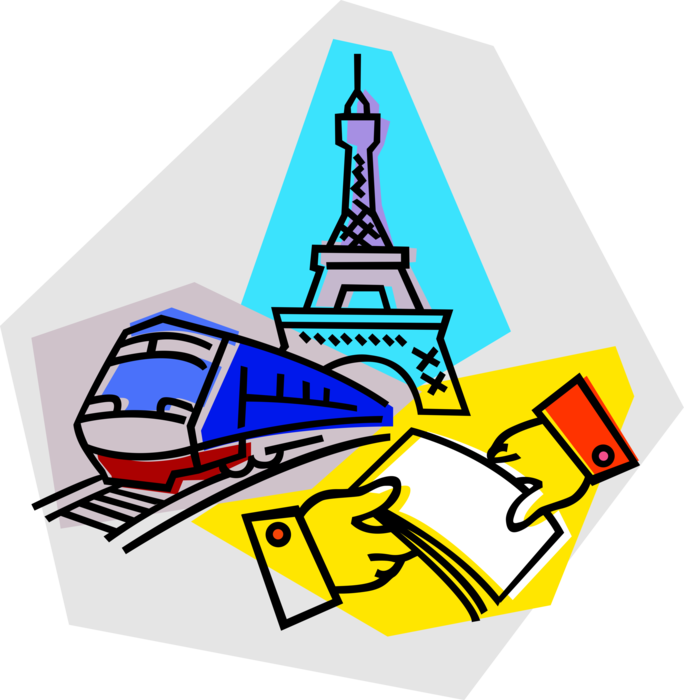Vector Illustration of Europass Transportation or Eurorail Pass, Railroad Train, Eiffel Tower, Paris, France